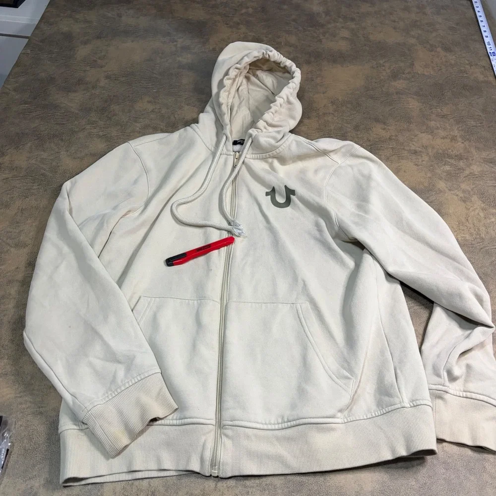 True Religion Zip Up Hoodie Mens Large Cream Buddha Graphic Arch TR Star